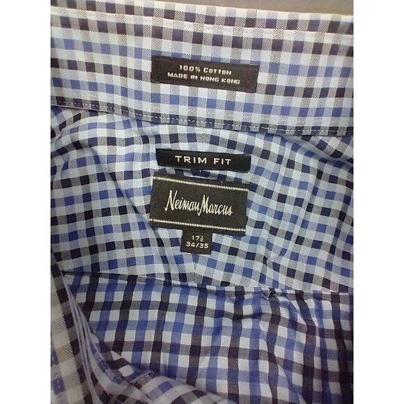 NEIMAN MARCUS Trim Fit 100% Cotton Plaid Check Button Up Shirt Men Sz 17.5 34/35 - Picture 2 of 8